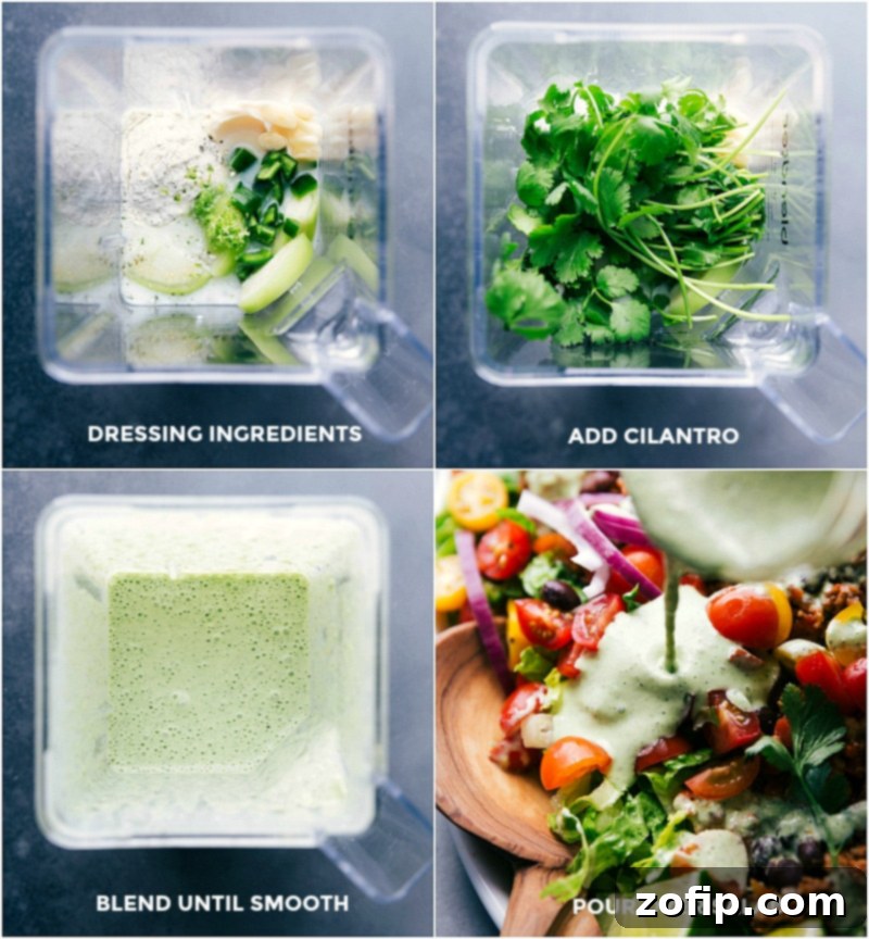 Ingredients for creamy cilantro dressing, including lime, ranch seasoning, cilantro, and tomatillo, being blended in a high-speed blender for a smooth and perfect consistency.