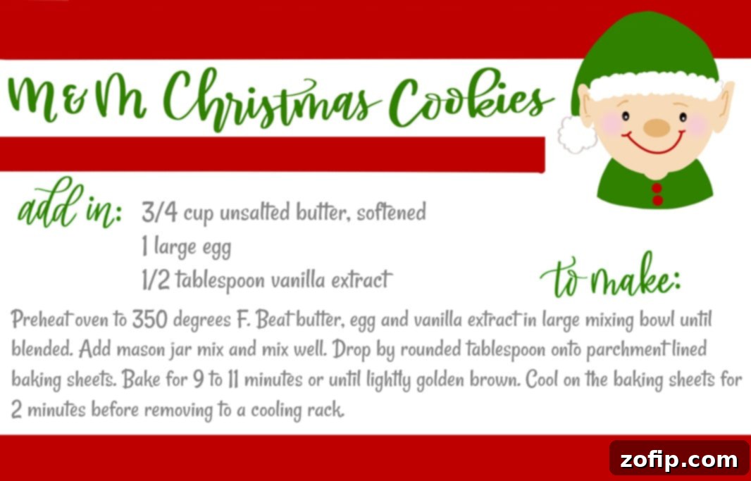 Fun And Festive Printable Recipe To Gift A free printable recipe card with clear instructions for baking M&M Mason Jar Cookies, adorned with festive designs.