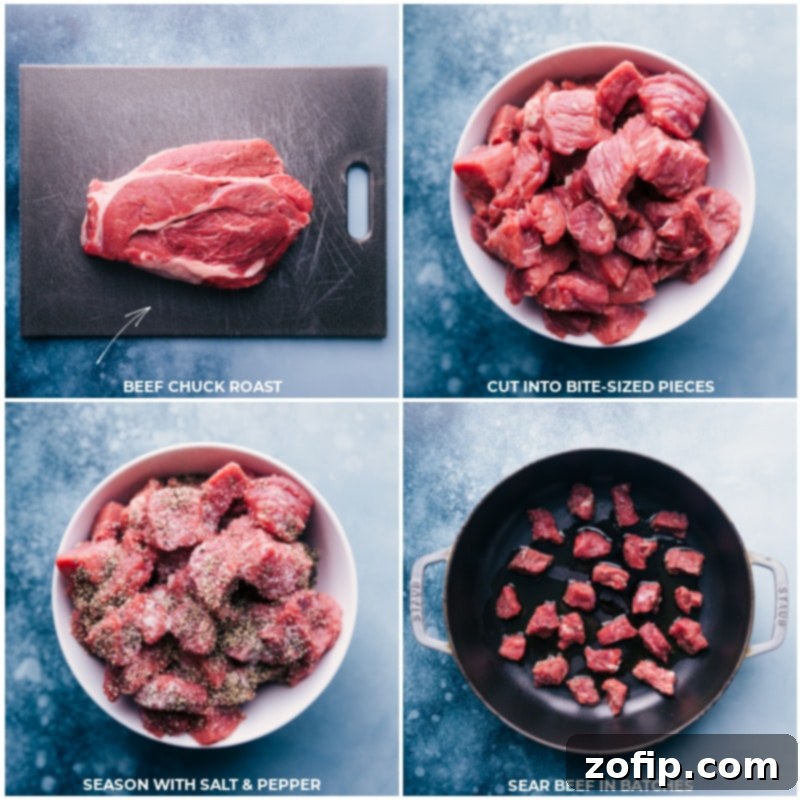 Preparing Chuck Roast for the Best Slow Cooker Beef Stew Chuck roast being expertly cut into bite-sized pieces, then seasoned generously with salt and pepper before searing to lock in flavor for the crockpot beef stew.