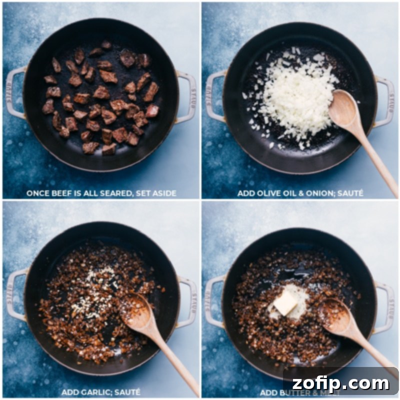 Step-by-Step Guide: How to Make Crockpot Beef Stew with Gnocchi The process of searing beef in a hot skillet, followed by cooking onions, garlic, and butter to build the rich base for the crockpot beef stew.