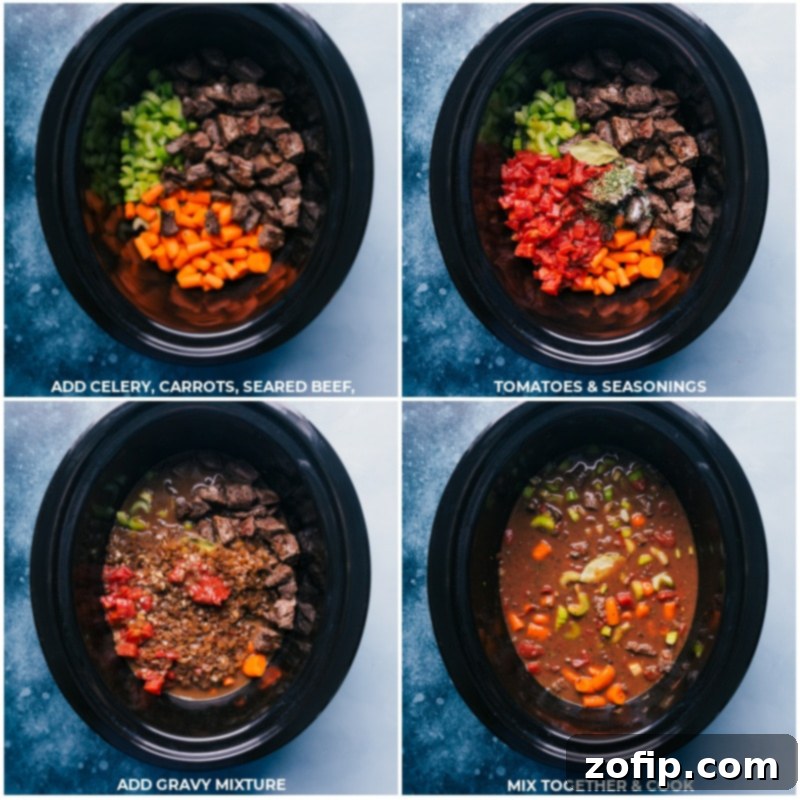 Slow Cooker Beef Stew Recipe: The Ingredients Come Together All the delicious ingredients, including seared beef, fresh vegetables, and savory liquid, being carefully added to the crockpot for a long, slow cook.