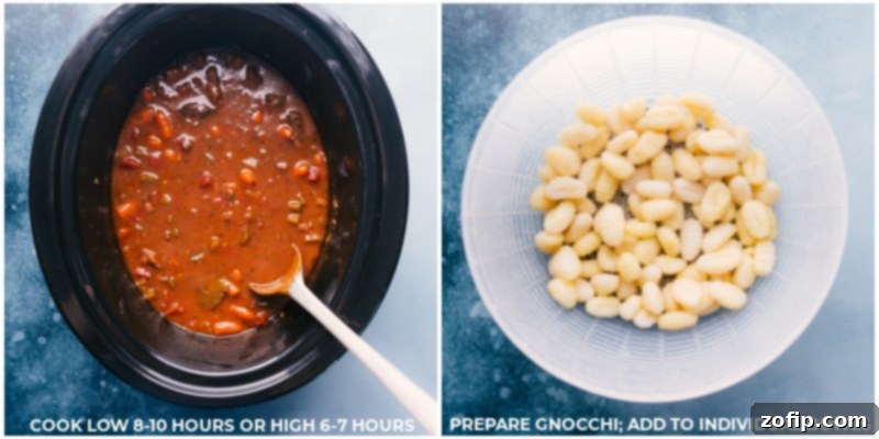 Crockpot Beef Stew with Fresh Gnocchi Perfectly cooked gnocchi being gently added to a rich, simmering crockpot beef stew, ready to be served.