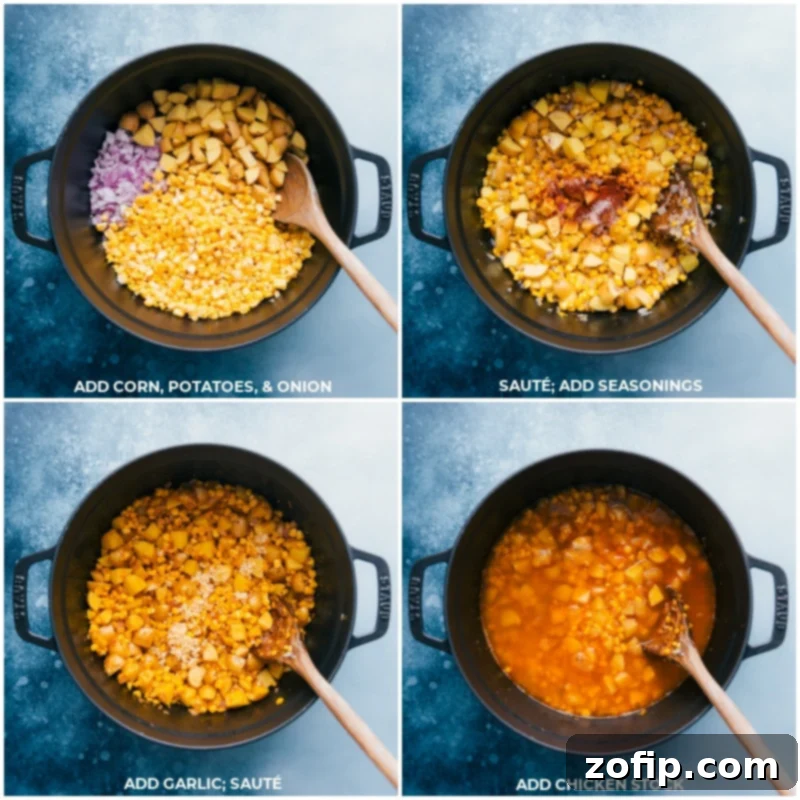 Process shots showing steps to make Potato Corn Chowder: sautéing corn, potatoes, and onion; adding seasonings and garlic; then pouring in chicken or vegetable stock.