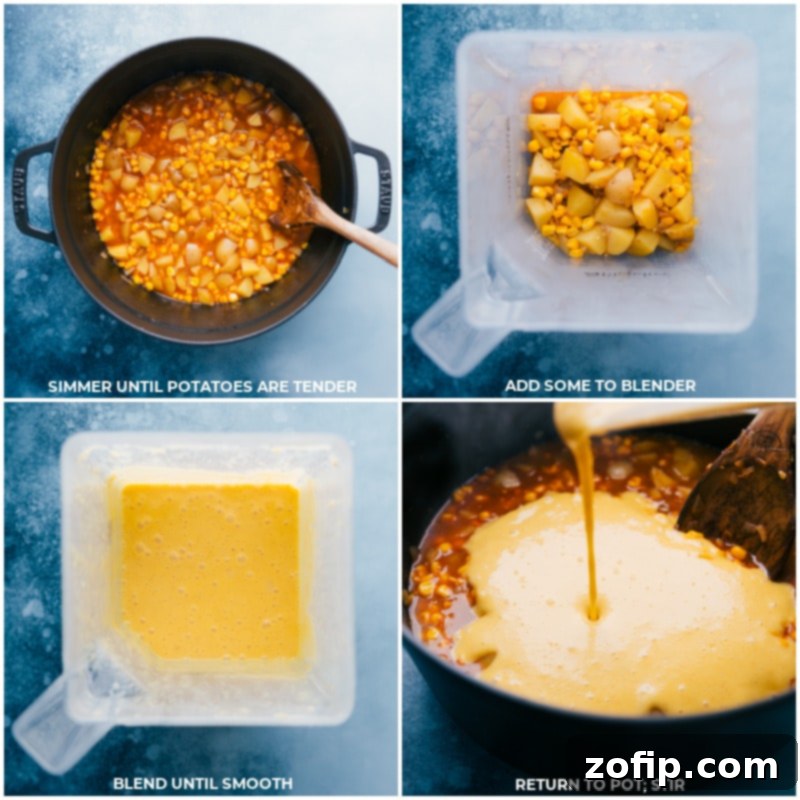 Process shots demonstrating how to thicken the chowder: simmering until potatoes are tender, transferring a portion to a blender, processing until smooth, and then returning the creamy mixture to the pot.