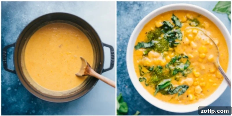 Two views of the Potato Corn Chowder: simmering gently in a large pot and served in a cozy white bowl, garnished with fresh basil and a swirl of pesto.