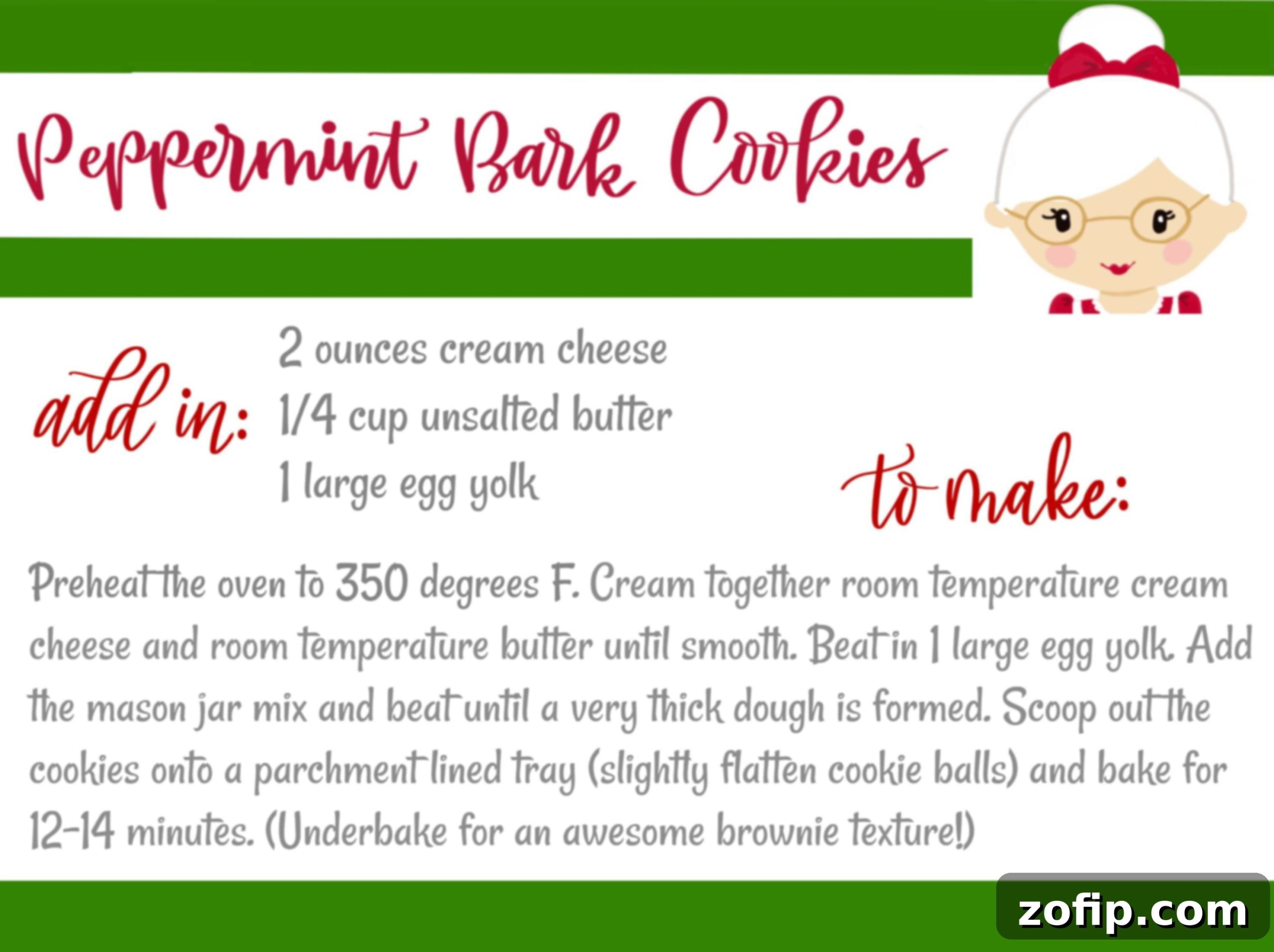 A preview of the free printable recipe tag for mason jar peppermint cookies, featuring Mrs. Klaus design.