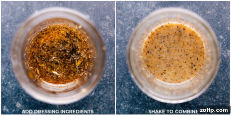 Process shots showing a mason jar with ingredients for the lemon vinaigrette being shaken.