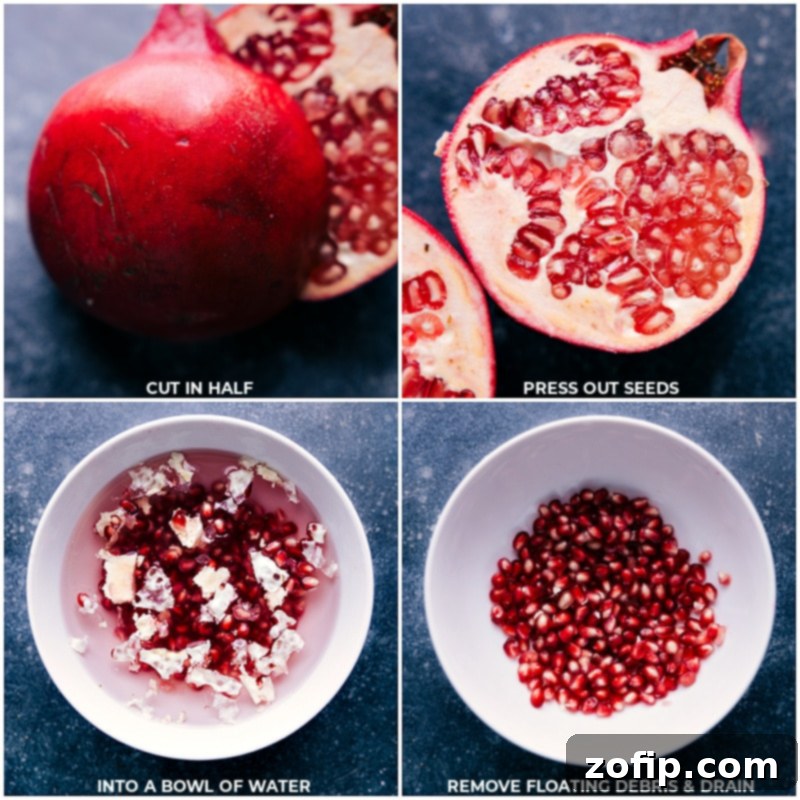 Process shots demonstrating how to easily deseed a pomegranate.