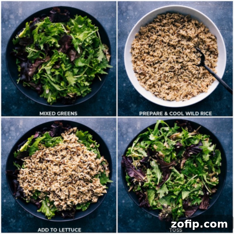 Process shots showing cooked wild rice being added to a bowl of mixed greens.