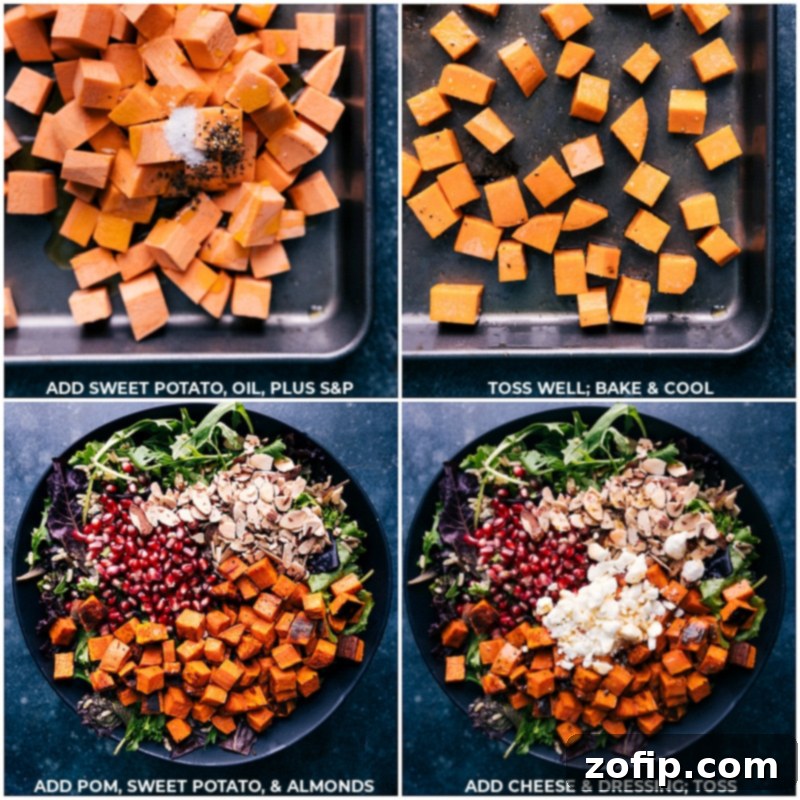 Process shots showing roasted sweet potatoes being added to the wild rice and mixed greens, along with pomegranate and cheese.