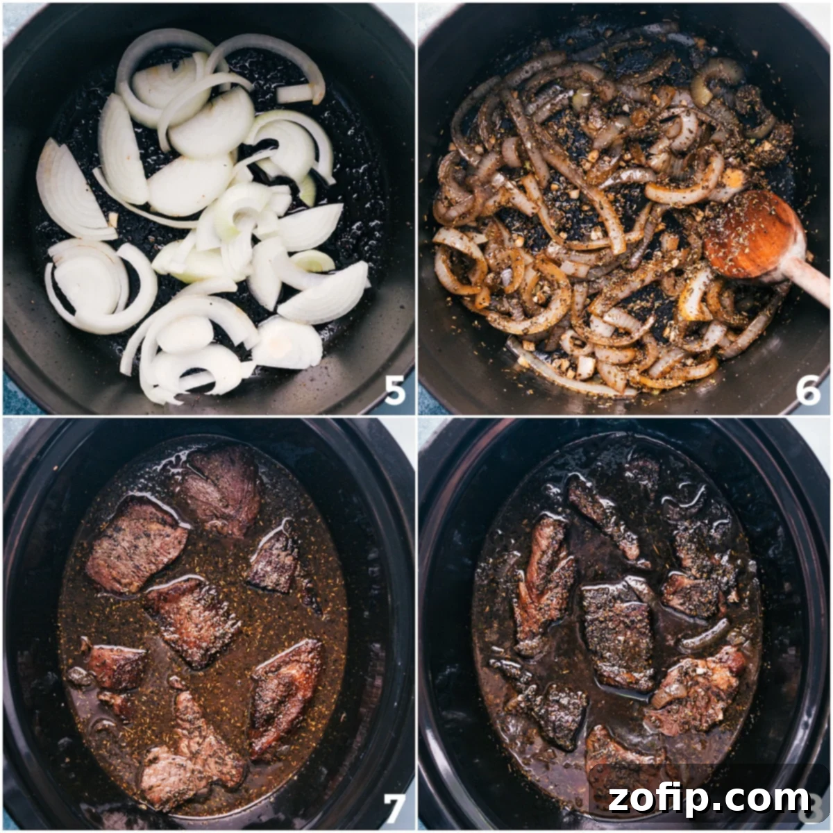 How To Make Crockpot Roast Recipe Step-by-Step Sautéing onions and garlic, then adding them to the slow cooker with seared beef and broth for a rich crockpot roast.
