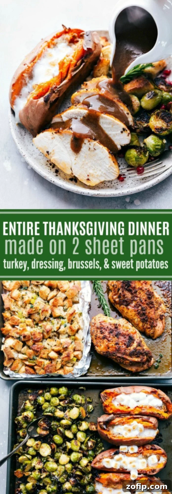 A complete Thanksgiving dinner featuring turkey breast, gravy, candied sweet potatoes, savory dressing, and Parmesan Brussels sprouts, all cooked efficiently on two sheet pans. Perfect for a hassle-free holiday meal.