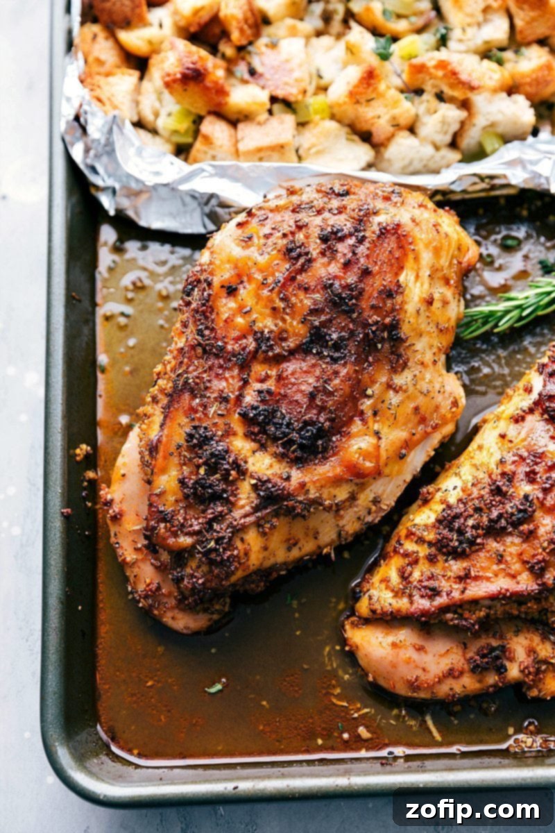 A sheet pan showcasing a perfectly cooked turkey, golden-brown and seasoned, alongside various holiday sides, emphasizing a complete meal preparation on a single pan.