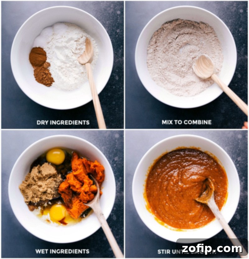 A chef's hands mixing the wet and dry ingredients in separate bowls for the homemade pumpkin bread recipe.