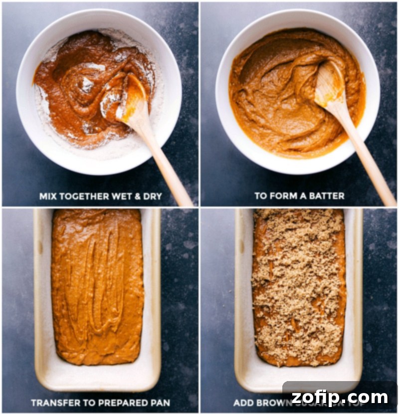 Mixing the pumpkin bread batter, pouring it into a prepared loaf pan, and topping it generously with brown sugar before baking.