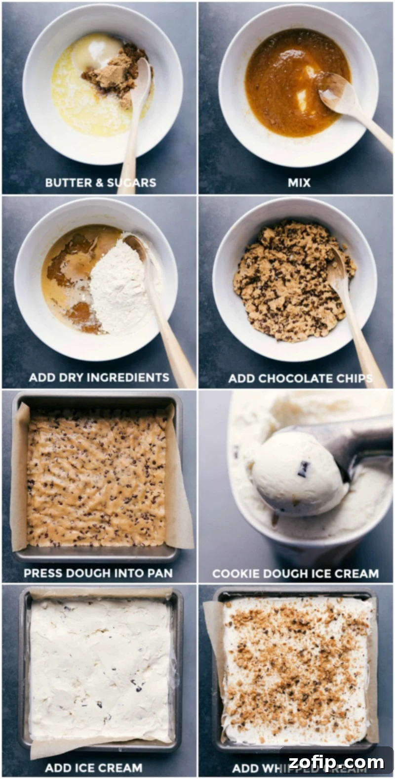 Layering Perfection: Crafting Your Cookie Dough Ice Cream Bars Step-by-step preparation of frozen cookie dough ice cream bars, showing the edible cookie dough base being pressed, the ice cream layered on top, and whipped cream smoothed over before freezing.