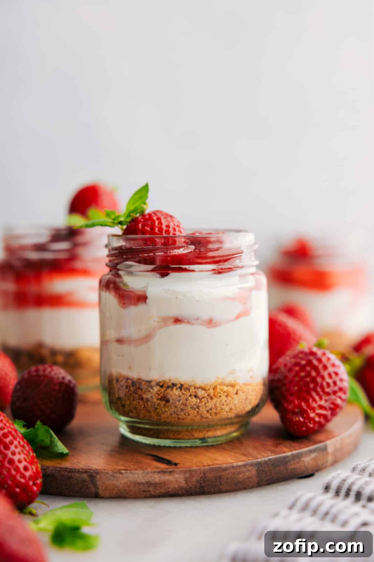 Several cheesecakes in jars arranged for a party, with a variety of colorful toppings like fruit and chocolate.