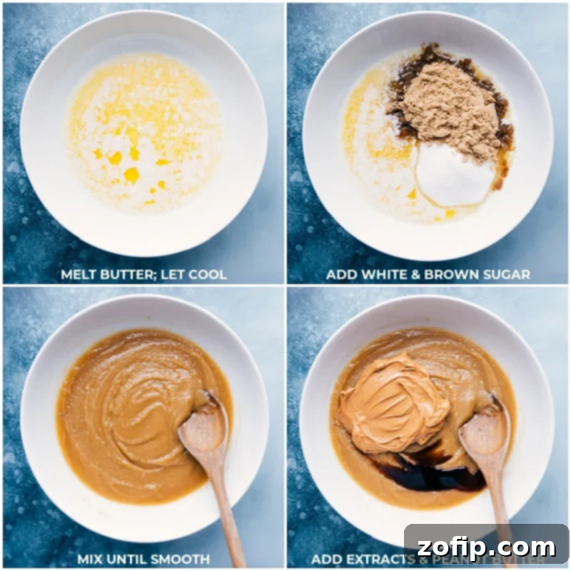 Process images showing melted butter, brown and granulated sugar being mixed, followed by the addition of extracts and creamy peanut butter for homemade cookies.