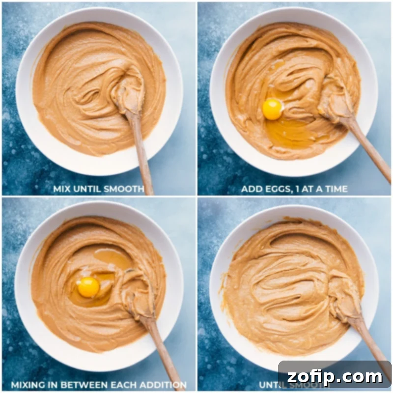 Process images showing eggs being incorporated into the wet ingredients for a batch of homemade peanut butter cookies, ensuring a smooth mixture.