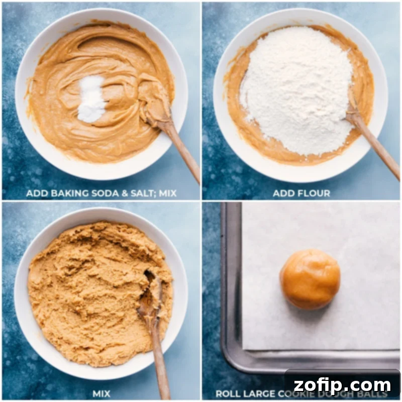 Process images illustrating the addition of baking soda, salt, and flour to the wet ingredients, followed by rolling the finished peanut butter cookie dough into perfect balls for baking.