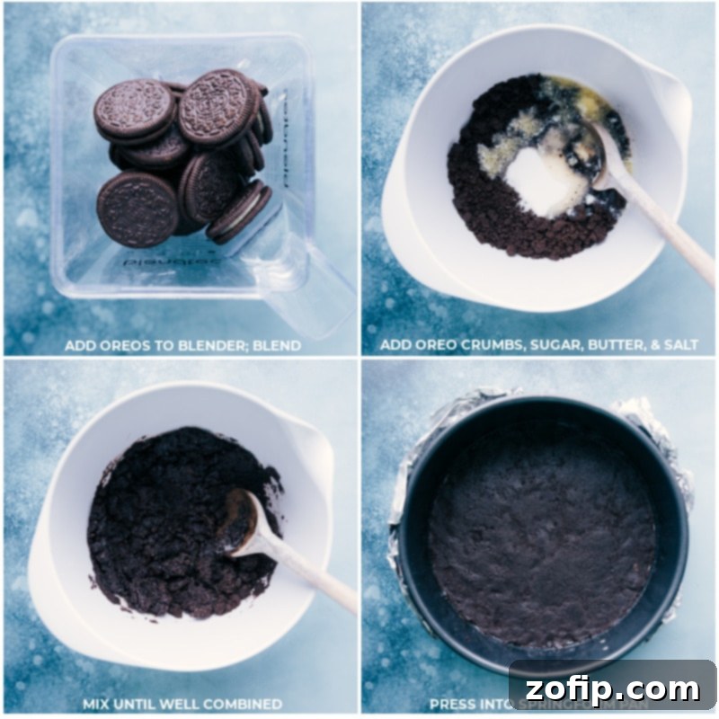Step-by-step process of making the Oreo cookie crust for a chocolate cheesecake, showing finely crushed cookies and melted butter being combined and then firmly pressed into a springform pan.