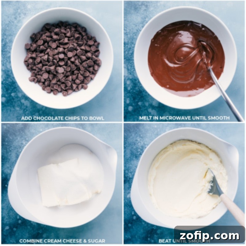 Process shots demonstrating the creation of the rich chocolate cheesecake filling, including melting chocolate chips and combining soft cream cheese with sugar and cocoa powder.