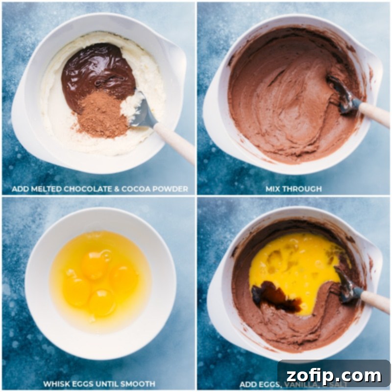 The process of adding melted chocolate and cocoa powder, along with eggs, vanilla extract, and salt, to the creamy dream cheese and sugar mixture for the chocolate cheesecake filling.