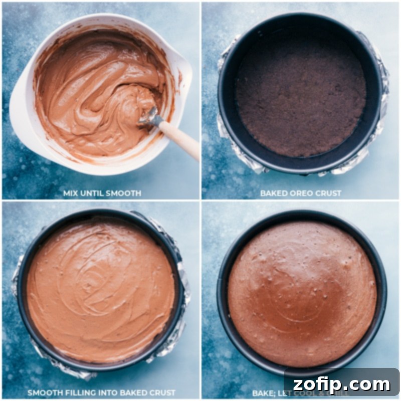The smooth chocolate cheesecake filling being carefully poured into a pre-baked Oreo cookie crust inside a springform pan, preparing for its water bath bake.