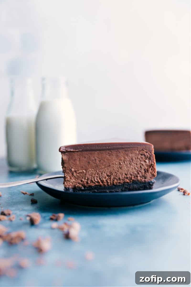 A beautiful slice of rich, fudgy chocolate cheesecake on a plate, garnished with a dollop of fresh whipped cream and a sprinkle of chocolate shavings, ready to be eaten and enjoyed.