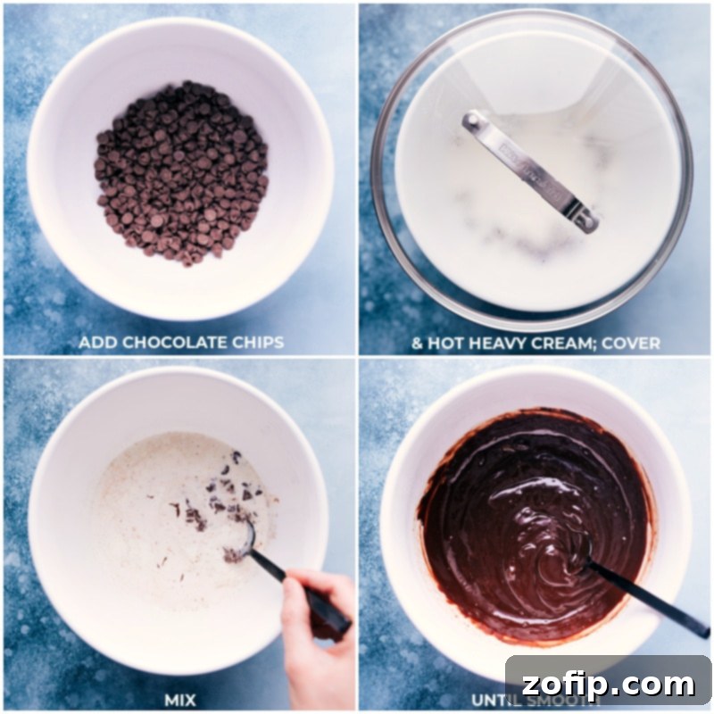 This S'mores Icebox Cake features layers of rich chocolate ganache, fluffy marshmallow cream, and honey graham crackers. Recipe via ChelseasMessyApron #dessert #best #quick #easy #simple #treat #chocolate #marshamallow #grahamcrackers #summer #smores #icebox #cake Process shots showing how to prepare the S'mores Icebox Cake, including mixing chocolate chips with hot heavy cream to create a smooth ganache.