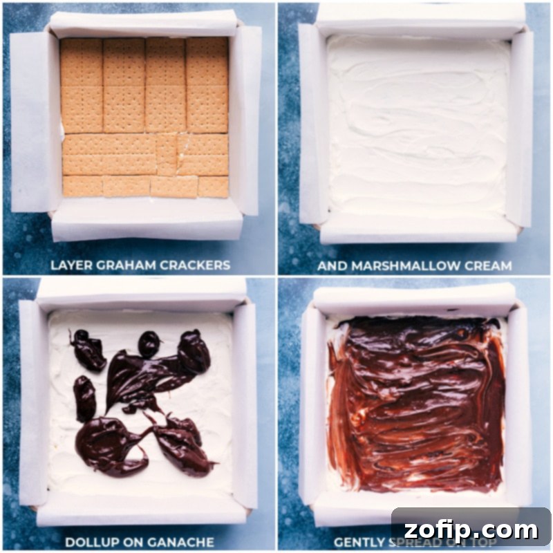 This delicious S'mores Icebox Cake features layers of rich chocolate ganache, fluffy marshmallow cream, and honey graham crackers. No baking required! Recipe via ChelseasMessyApron #dessert #best #quick #easy #simple #treat #chocolate #marshamallow #grahamcrackers #summer #smores #icebox #cake Layers of S'mores Icebox Cake being assembled: graham crackers, followed by marshmallow cream, and then a generous layer of chocolate ganache.