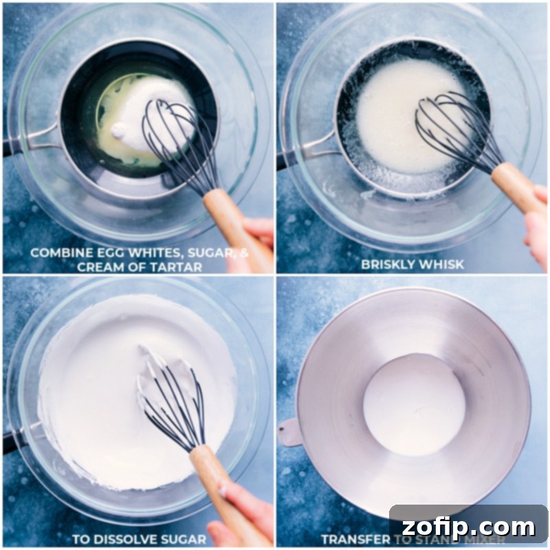 S'mores Icebox Cake features layers of rich chocolate ganache, fluffy marshmallow cream, and honey graham crackers. No baking required! Recipe via ChelseasMessyApron #dessert #best #quick #easy #simple #treat #chocolate #marshamallow #grahamcrackers #summer #smores #icebox #cake Process shots of the S'mores Icebox Cake assembly, showing the meringue topping being prepared and whisked to perfection.