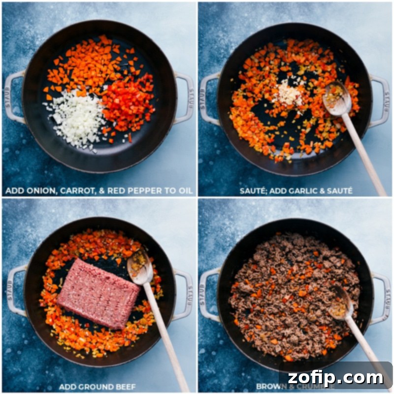 Step-by-step process of making Crockpot Sloppy Joes: sautéing aromatic vegetables, adding lean ground beef to brown, and crumbling the meat to perfection.