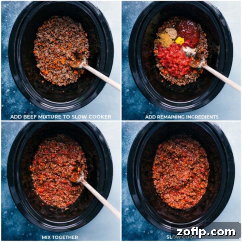 The cooking process for Crockpot Sloppy Joes: transferring browned beef and sautéed vegetables to the slow cooker, adding the remaining sauce ingredients, mixing everything thoroughly, and simmering until perfectly cooked and tender.
