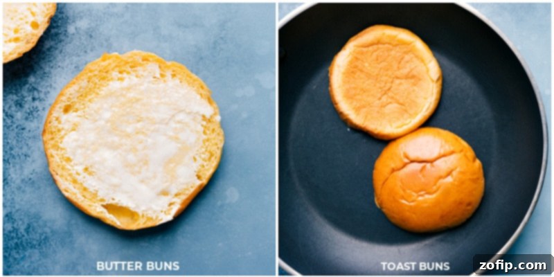 Close-up image of brioche buns being buttered and toasted to golden perfection, ready for Crockpot Sloppy Joes.