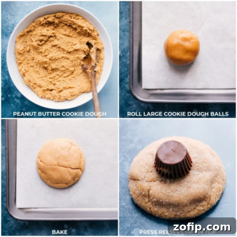 Process shots showing the making of peanut butter cookie dough, rolling it into balls, and placing peanut butter cups on baked cookies.