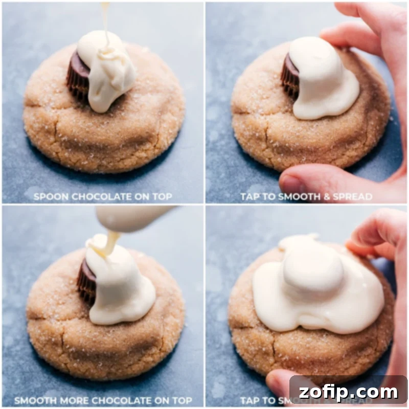 Process shots illustrating white chocolate being carefully spooned over the peanut butter cup layer on a melted snowman cookie.