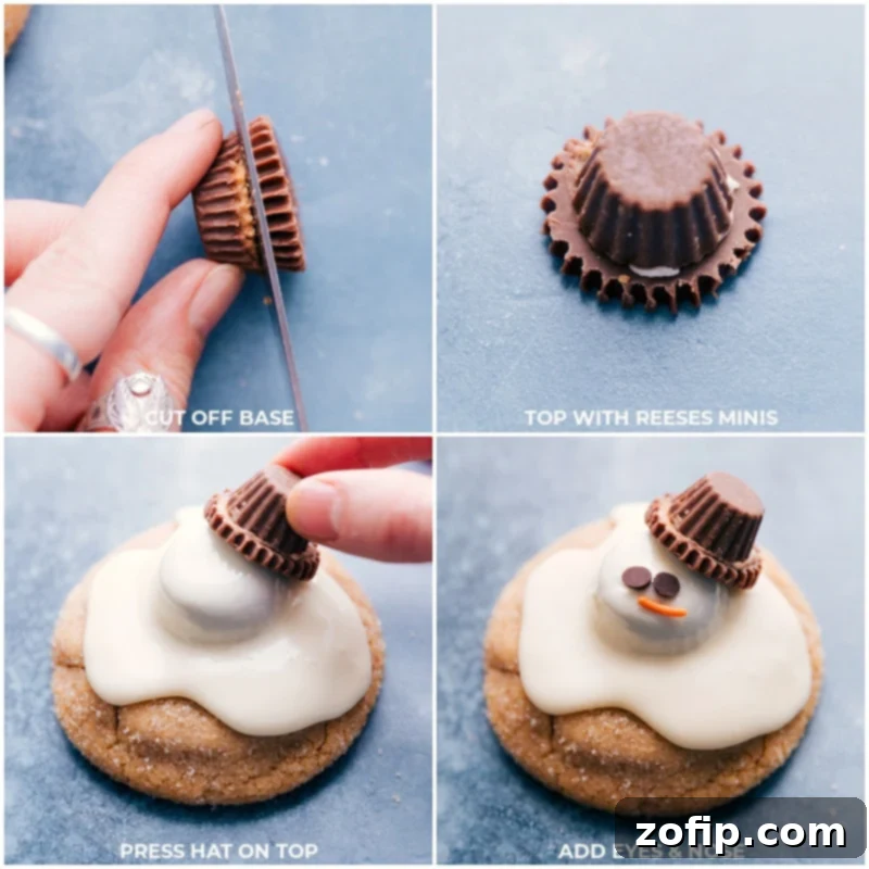 Detailed process shots showing how to cut a Reese's Mini for the hat, attach it to the snowman's head, and add the chocolate chip eyes and orange sprinkle nose.