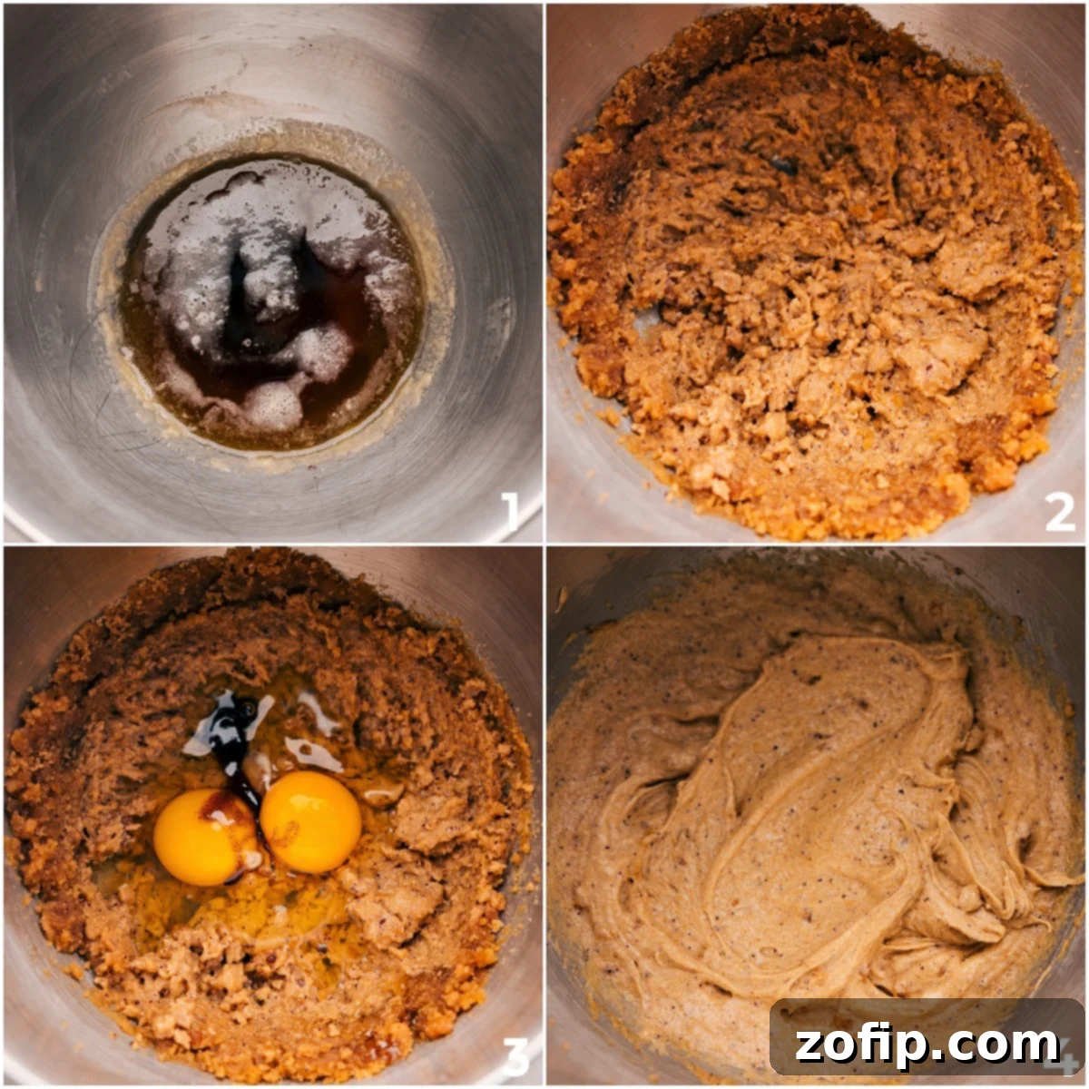 Mix all the wet ingredients for the dough together in one bowl, ensuring a smooth and consistent base for these Brown Butter Oatmeal Chocolate Chip Cookies.