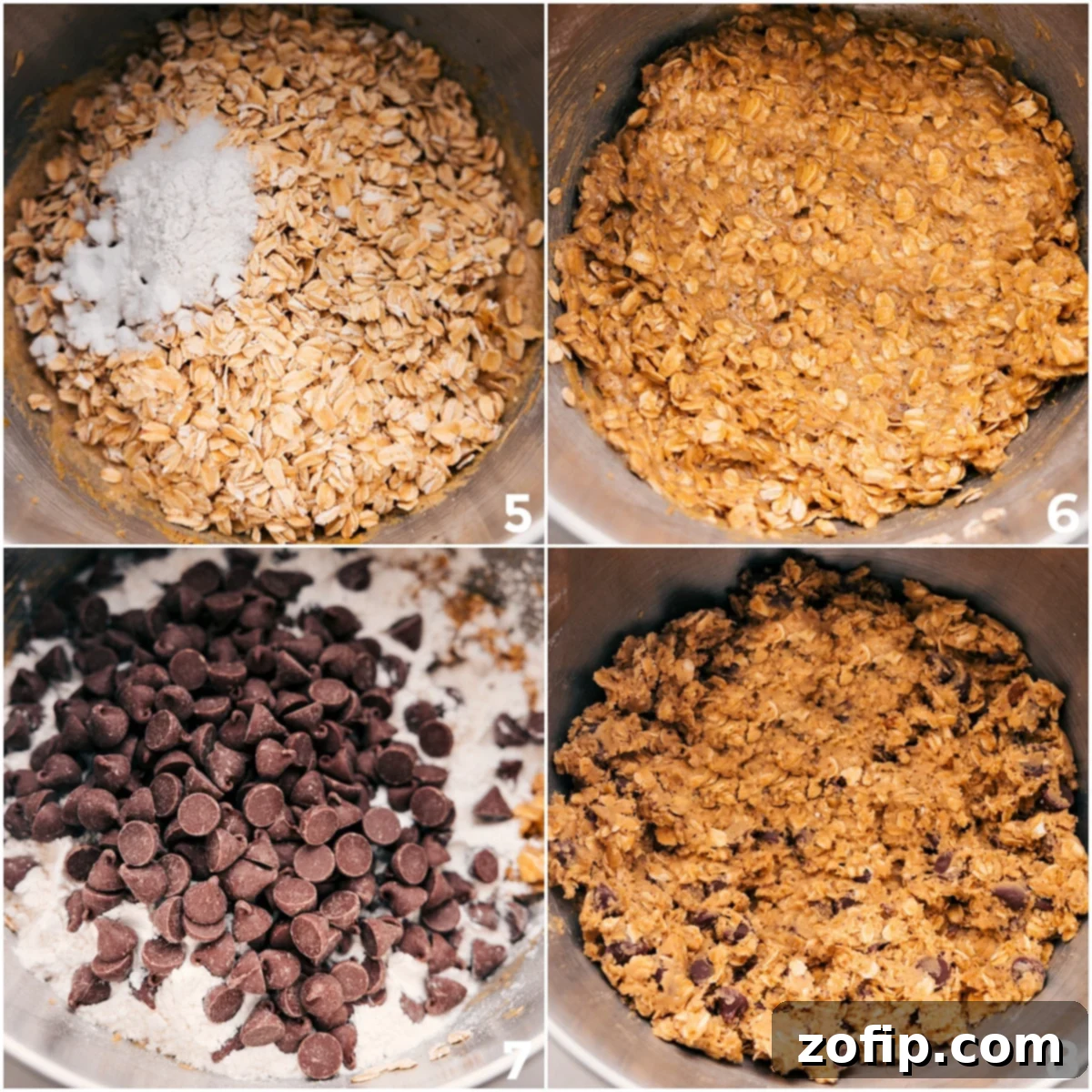 Adding the dry ingredients—old-fashioned oats, baking soda, baking powder, and chocolate chips—to the butter and sugar mixture, combining everything for these delightful Brown Butter Oatmeal Chocolate Chip Cookies.