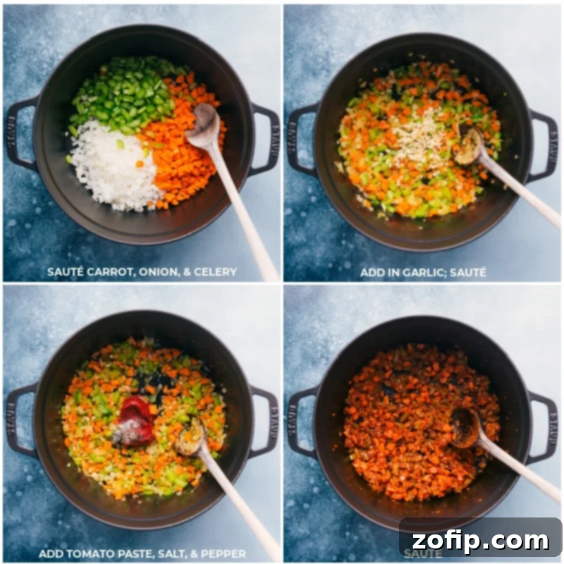 Detailed shot of vegetables sautéing in a pot, with garlic, tomato paste, salt, and pepper being added to build the rich flavor base for the minestrone soup.