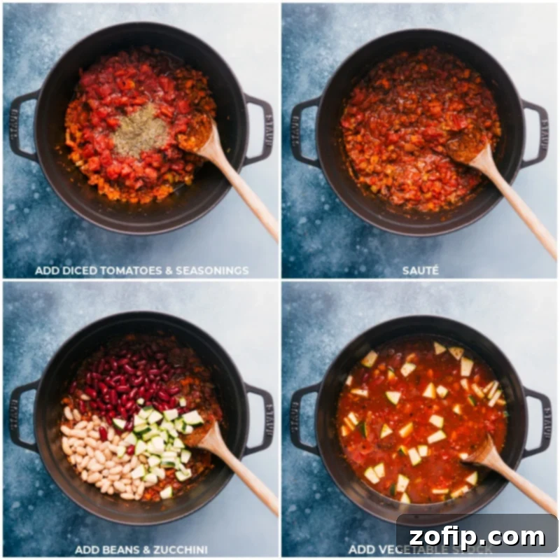 A vibrant mix of diced tomatoes, aromatic seasonings, various beans, fresh zucchini, and rich vegetable stock being added to a large pot, ready to simmer into a delicious Minestrone Soup.