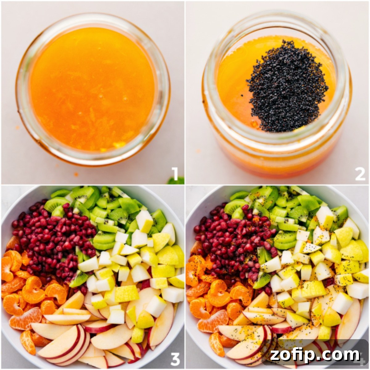 The zesty poppy seed dressing being drizzled over the colorful winter fruit salad in a large bowl, ready for a gentle toss.