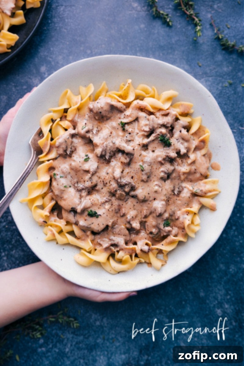 Overhead shot of creamy Instant Pot Beef Stroganoff served with fresh parsley