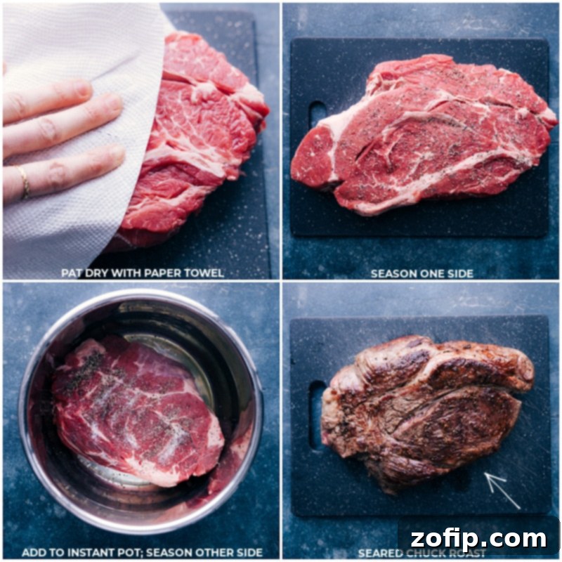 Process shots showing raw chuck roast being prepared for searing