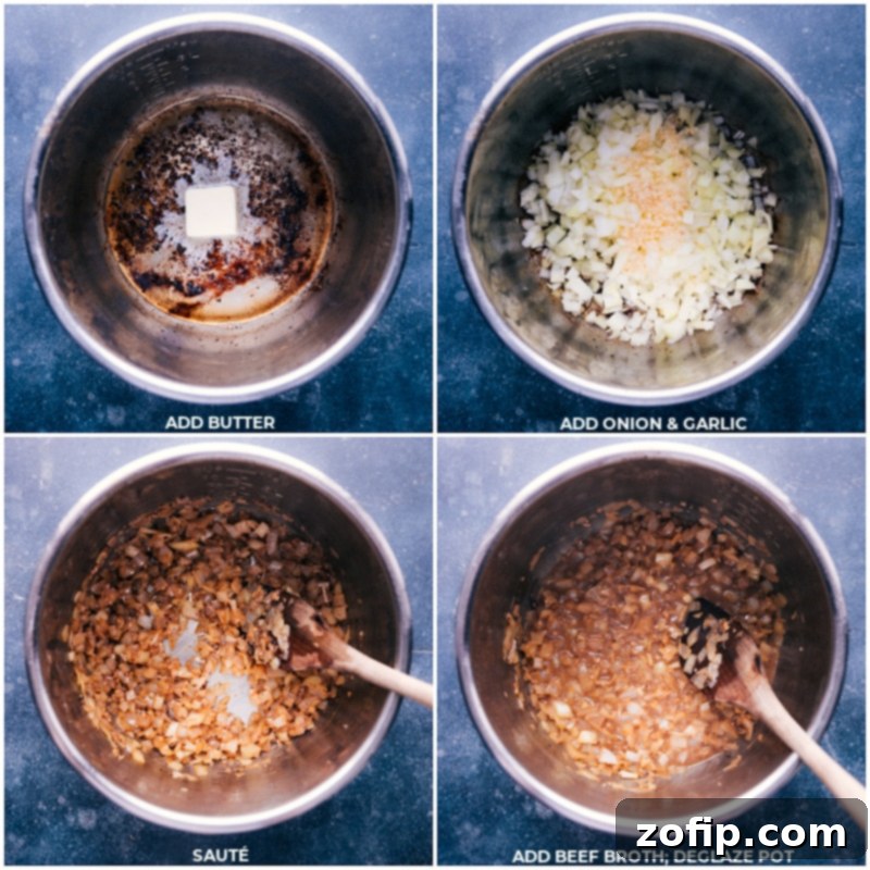 Process shots of butter, onion, garlic, and beef broth added to the Instant Pot