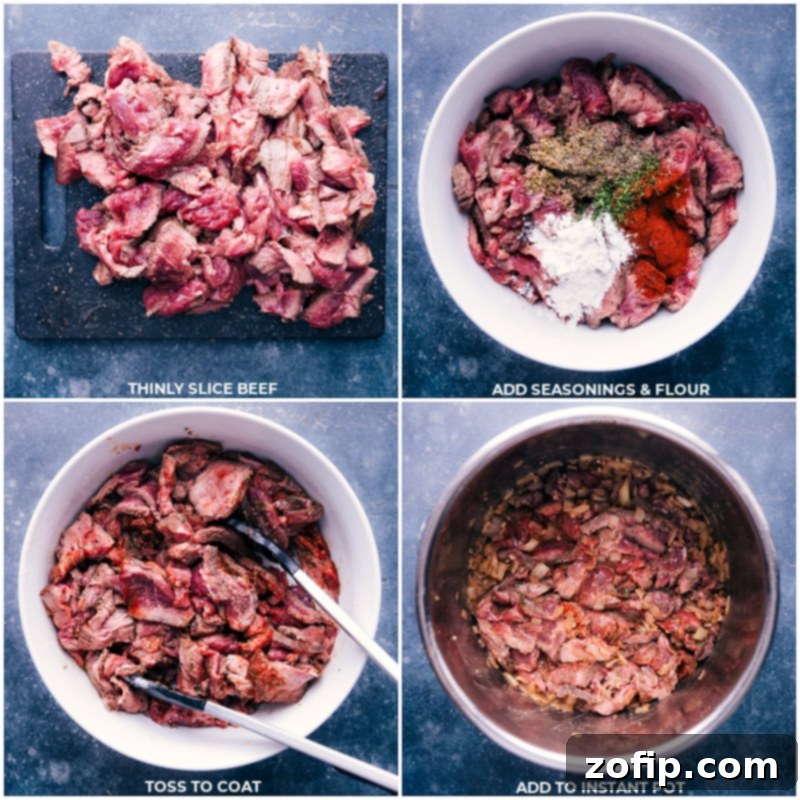 Process shots of thinly sliced beef being seasoned with flour and herbs before cooking in the Instant Pot