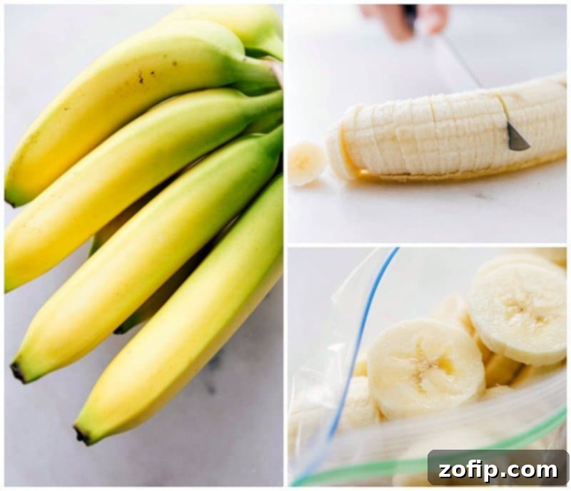 Preparing bananas for a nutritious Green Smoothie by slicing and freezing them for convenience. Slicing fresh bananas to place in a freezer bag for future green smoothie recipe preparation.