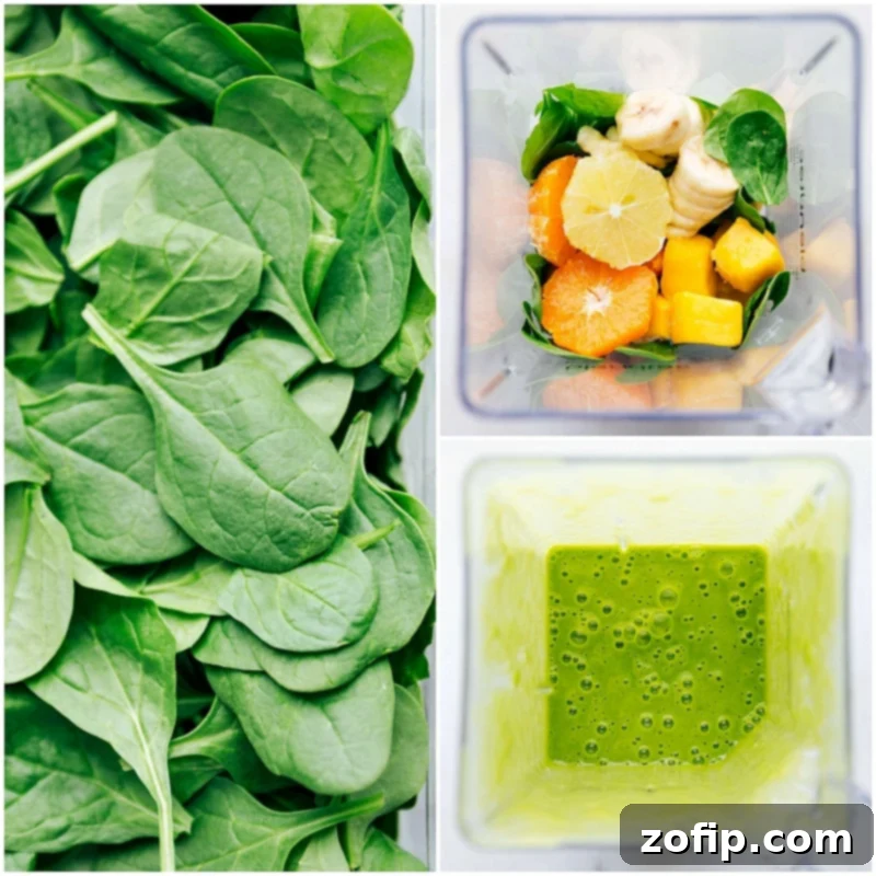 A visual guide: Pre-blended Green Smoothie ingredients alongside the smooth, delicious finished drink. Ingredients assembled for the green smoothie recipe before blending, and the creamy smoothie after blending, showcasing the transformation.