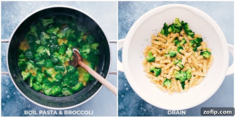 Process shots showing pasta and broccoli boiling, then draining in a colander for broccoli pasta